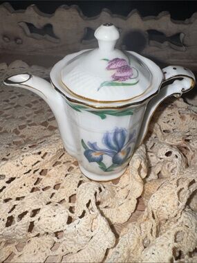 Miniature white Porcelain  Teapot with Hand-Painted Floral Design and Gold Trim